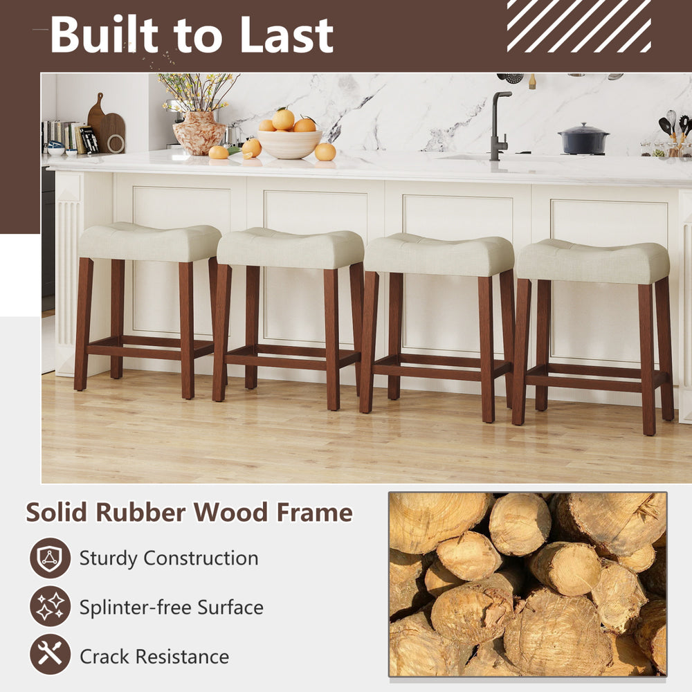 Upholstered counter height bar stools with curved saddle-seat in brown, featuring a solid rubber wood frame for.