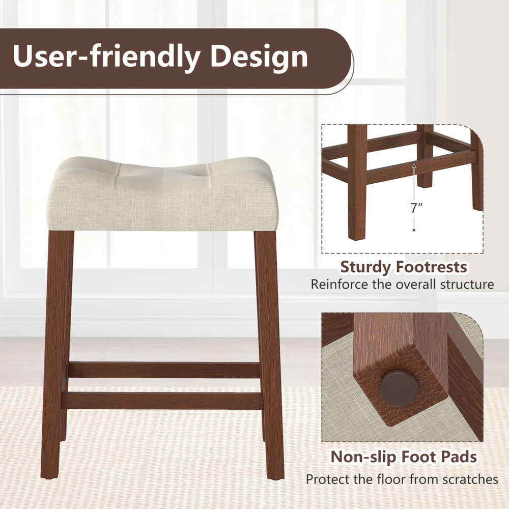 Upholstered counter height bar stool with curved saddle seat, brown rubber wood frame, non-slip foot pads for stability.