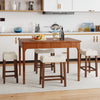 Counter height bar stools with curved saddle seats, brown upholstery, perfect for kitchen or living room use.