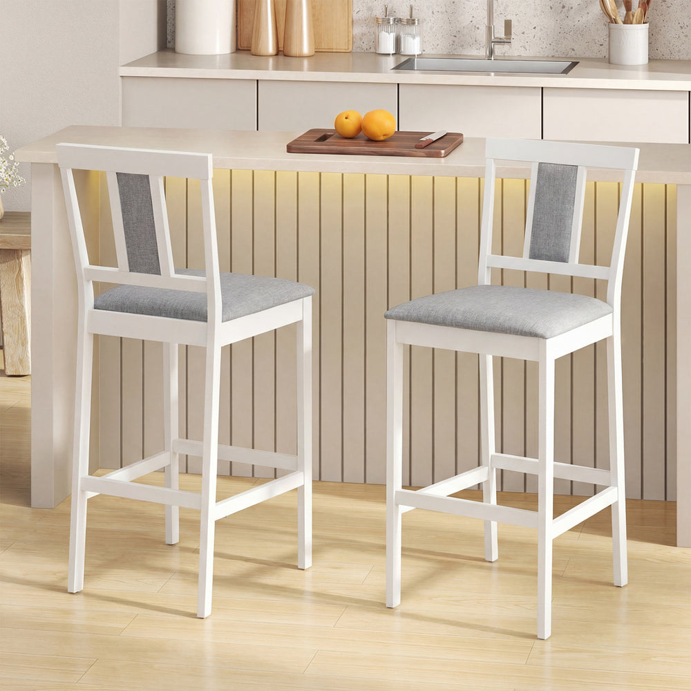 Set of 2 white upholstered barstools with solid rubber wood frame, featuring a comfortable backrest and footrest for.