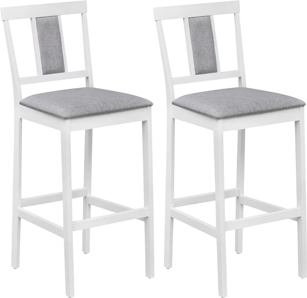 Set of 2 white upholstered barstools with solid rubber wood frame, featuring a comfortable backrest and footrest.