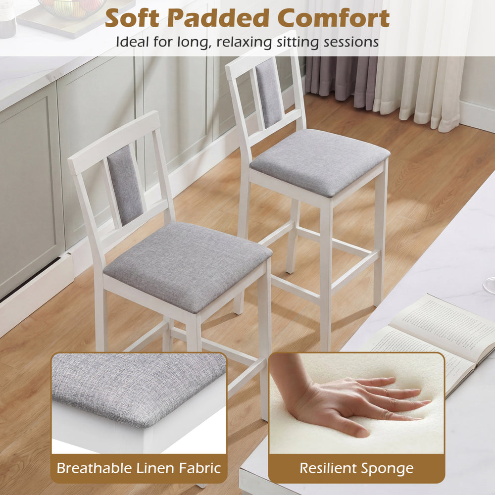 Set of 2 white upholstered barstools with breathable linen fabric and solid rubber wood frame, ideal for kitchen use.