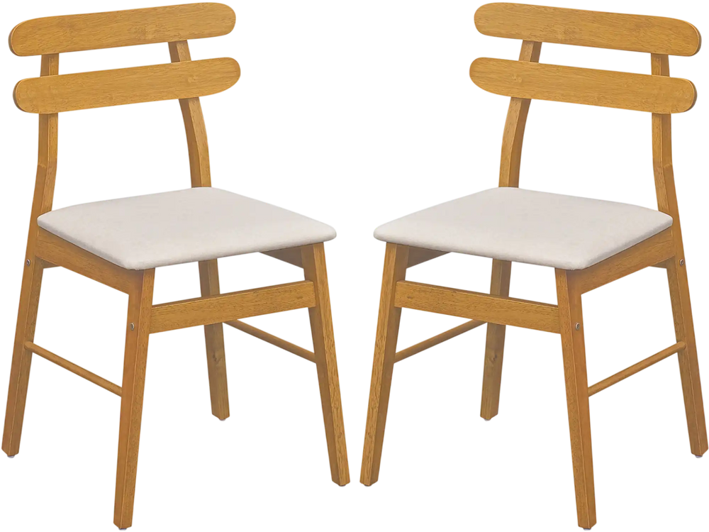 Set of 2 upholstered dining chairs in natural wood with beige fabric, featuring ergonomic backrests for comfort.