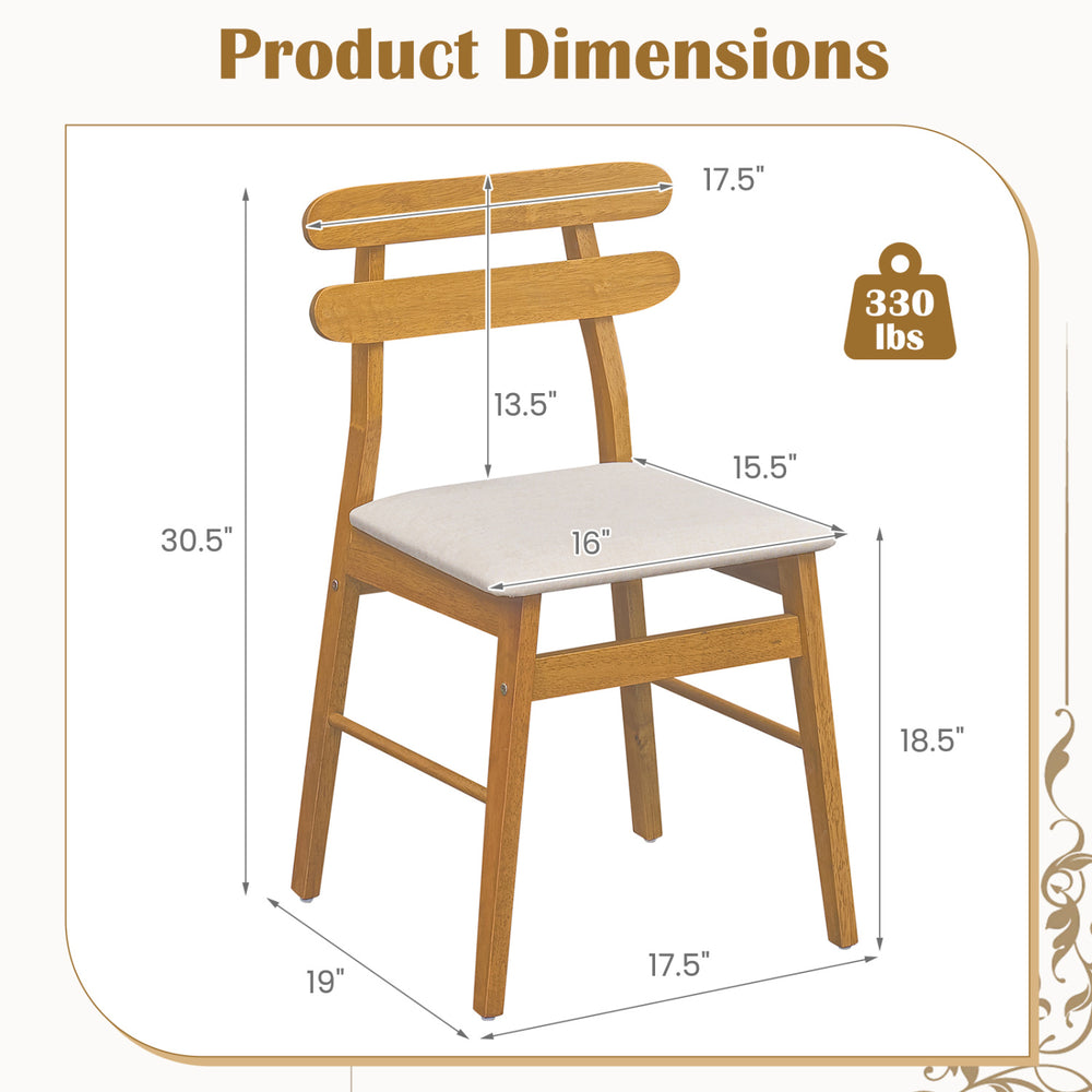 Upholstered dining chair dimensions showing a natural wood frame and beige fabric seat, supporting up to 330 lbs.