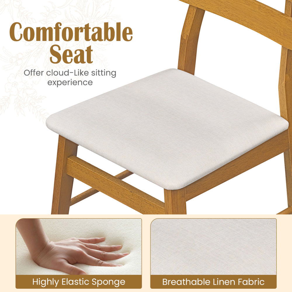 Upholstered dining chair seat in beige linen fabric with highly elastic sponge for a comfortable sitting experience.