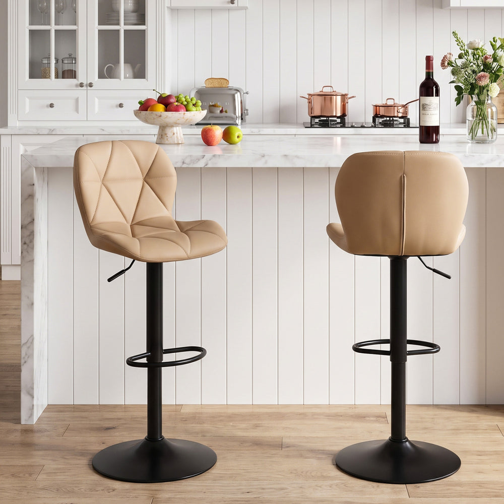 Set of 2 Upholstered Swivel Bar Stools with Adjustable Height and Curved Backs-Khaki‌ - Gallery View 1 of 8