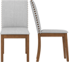 Upholstered dining chair set with padded seat, walnut frame, and decorative nailhead trim for elegant living room decor.