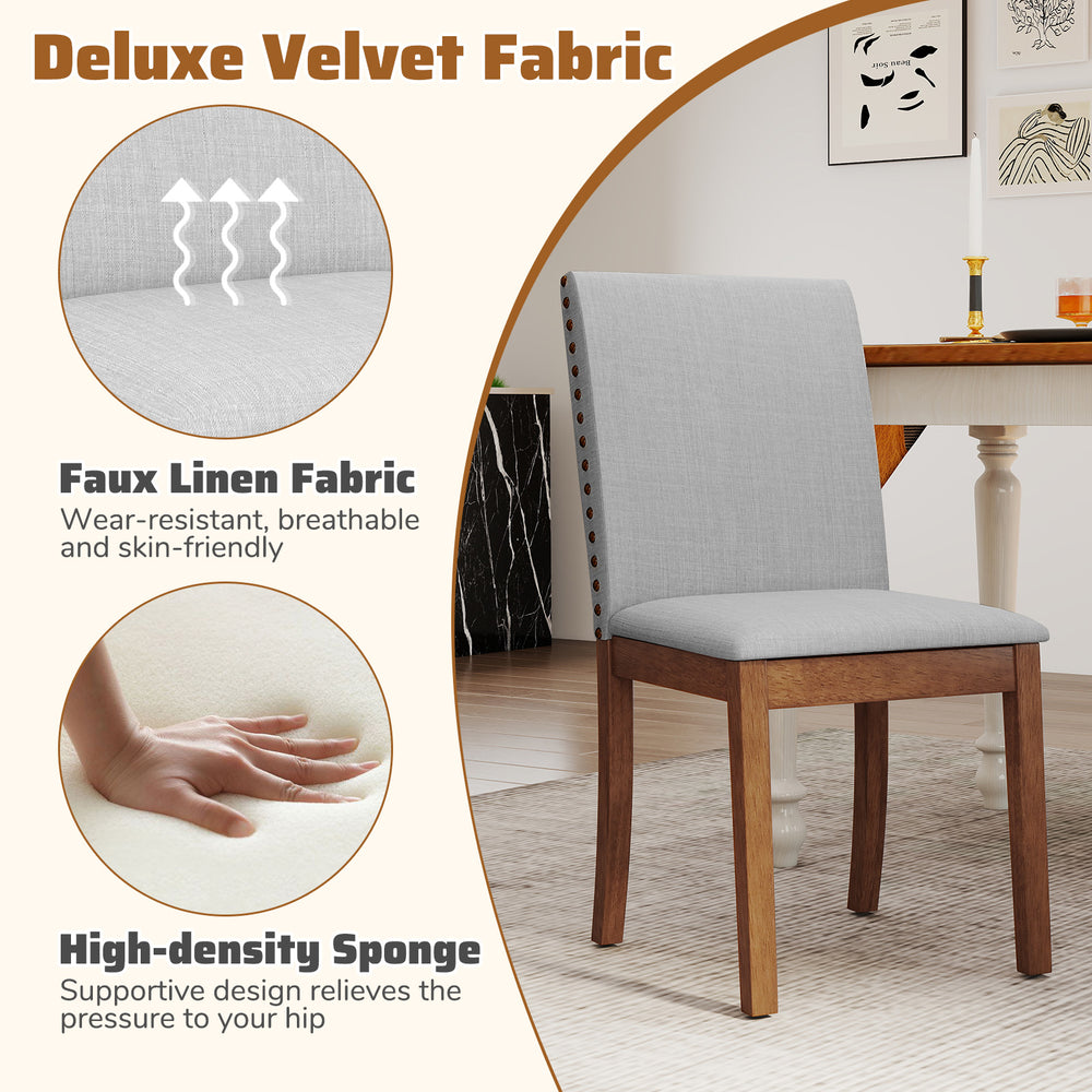 Upholstered dining chair with padded seat in faux linen fabric, walnut frame, featuring decorative nailhead trim for.