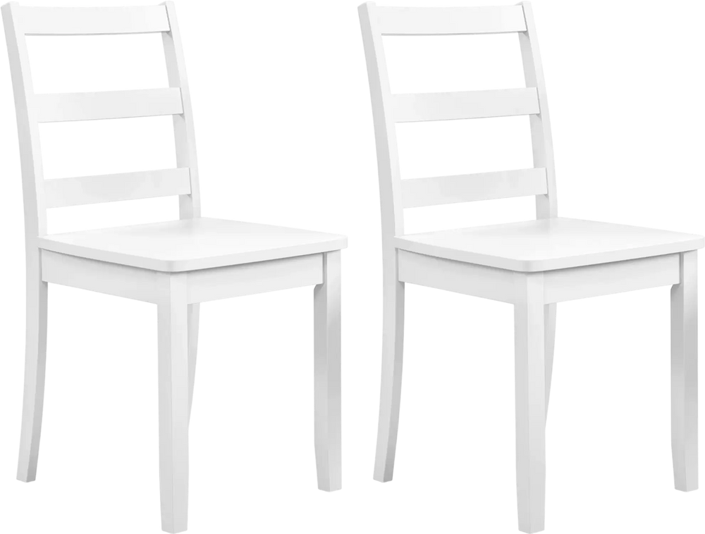 Set of 2 white wood dining chairs with solid rubber wood legs, featuring a ladder back and large seat for comfort.