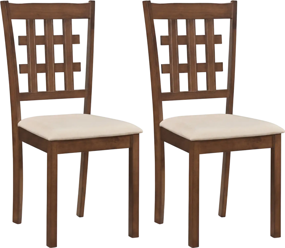 Set of 2 wood kitchen chairs with coffee finish and faux leather upholstered seats for dining or living room use.