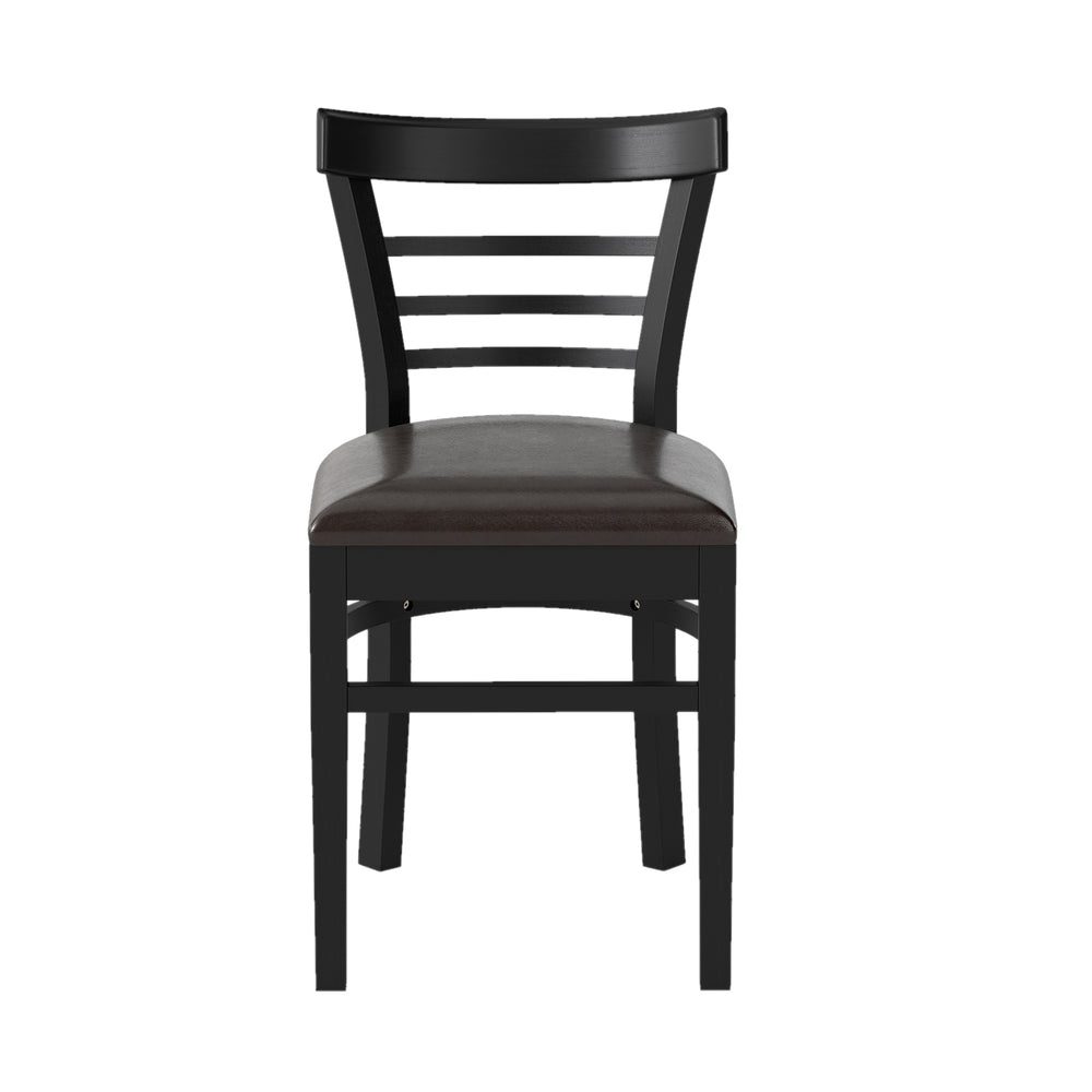 Black wooden dining chair with rubber wood legs, PU leather seat, and curved backrest, perfect for restaurants and.