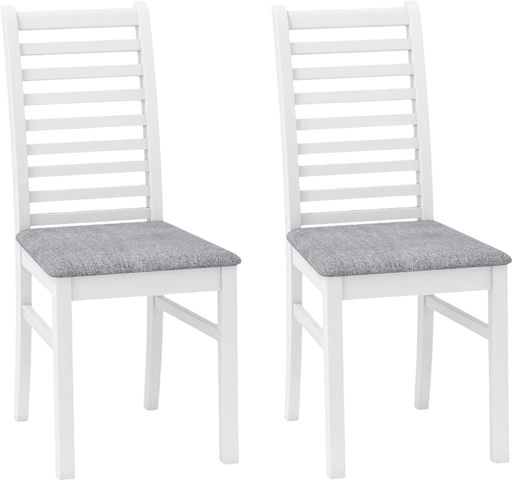 Set of 2 white wooden dining chairs with rubber wood legs and grey padded seats, perfect for dining rooms or cafes.