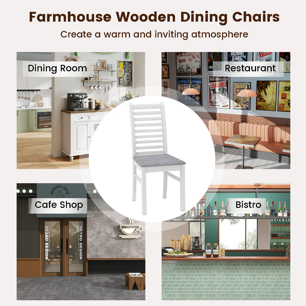 White wooden dining chair with rubber wood legs, padded seat, and ladder back design for dining rooms and cafes.