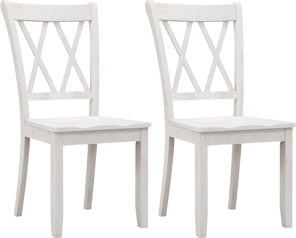 Set of 2 white wooden dining chairs with high backrest and double X-shaped design, perfect for farmhouse-style kitchens.