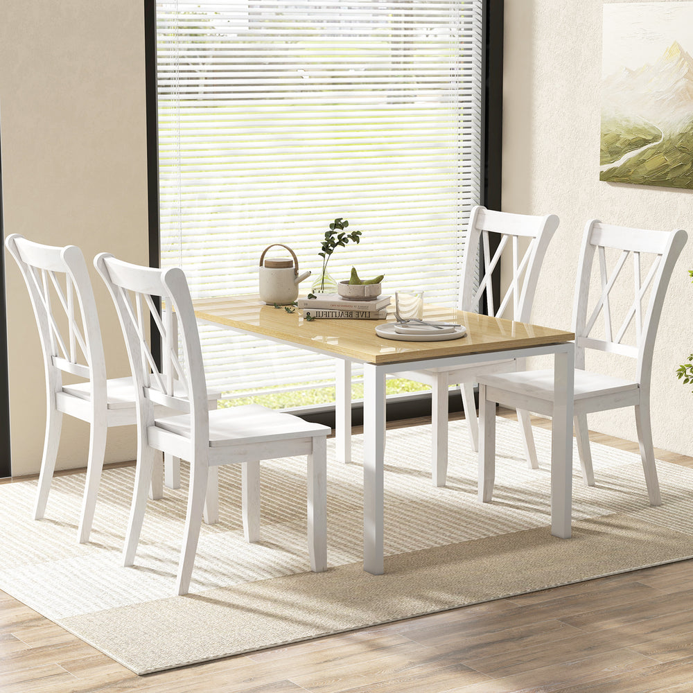 Set of 2 white wooden dining chairs with high backrest and ergonomic seat, perfect for farmhouse-style kitchens.