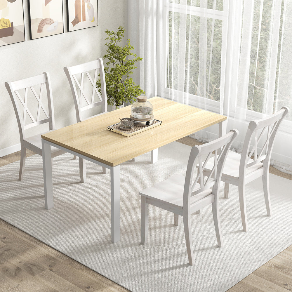 Mid-century farmhouse dining set featuring two white wooden chairs with high backrests and ergonomic seats, ideal for.