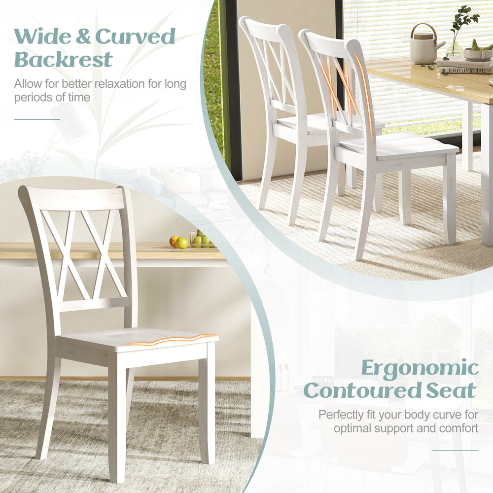 Set of 2 white wooden dining chairs with ergonomic contoured seats and wide backrests, perfect for farmhouse-style.