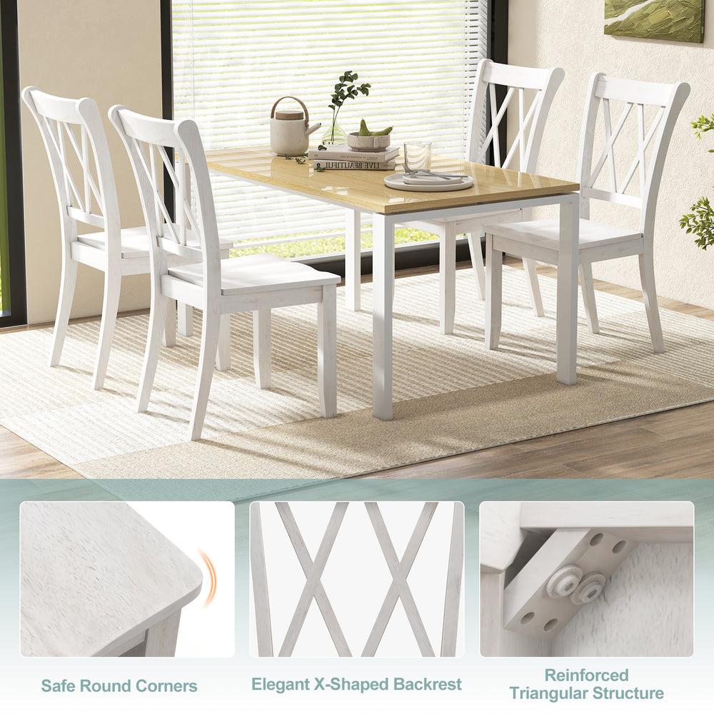 White wooden dining chairs with high backrest and double X-shaped design, perfect for farmhouse-style kitchens.