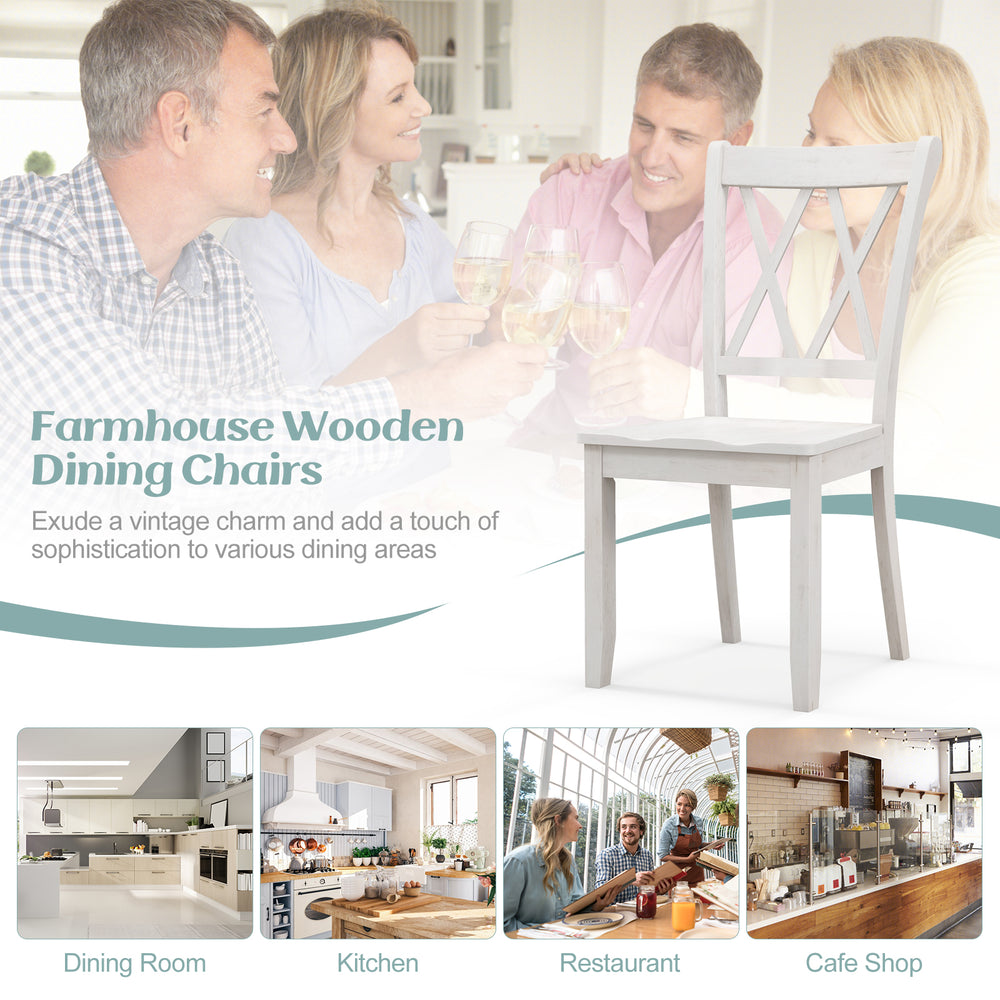 White farmhouse wooden dining chair with high backrest and double X-shaped design, perfect for kitchen or dining areas.
