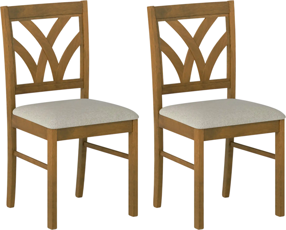Set of 2 oak wooden dining chairs with hollowed backrest and soft padded seat, perfect for kitchen or dining room use.