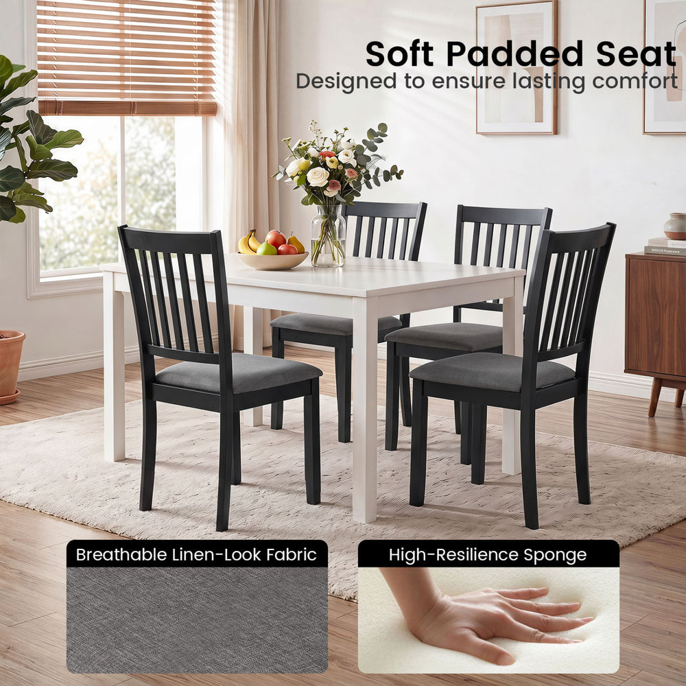 Wooden dining chair with a thick padded seat and breathable linen-look fabric, perfect for kitchens and dining rooms.