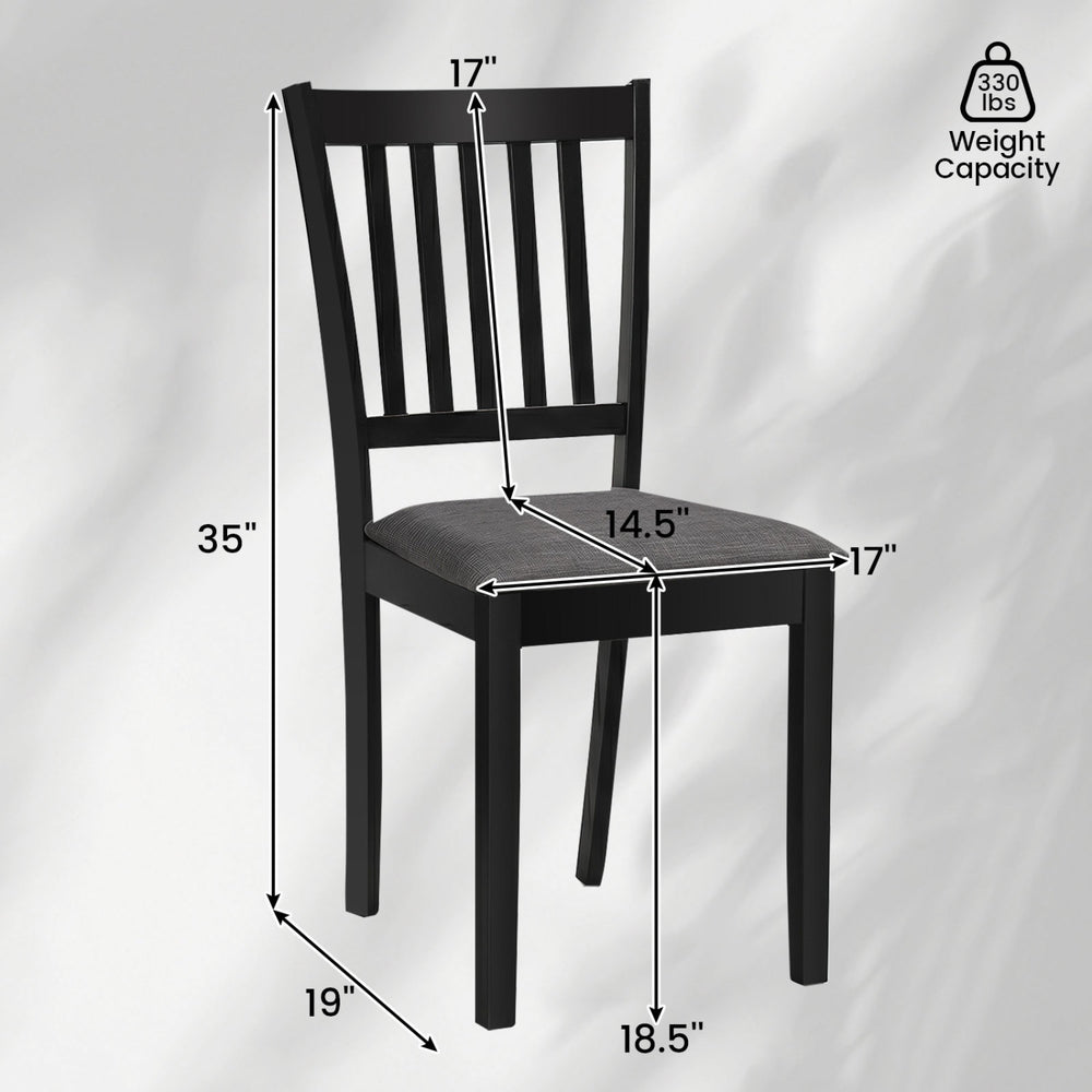 Black wooden dining chair with padded seat and rubber wood frame, designed for comfort and durability in kitchens or dining rooms.