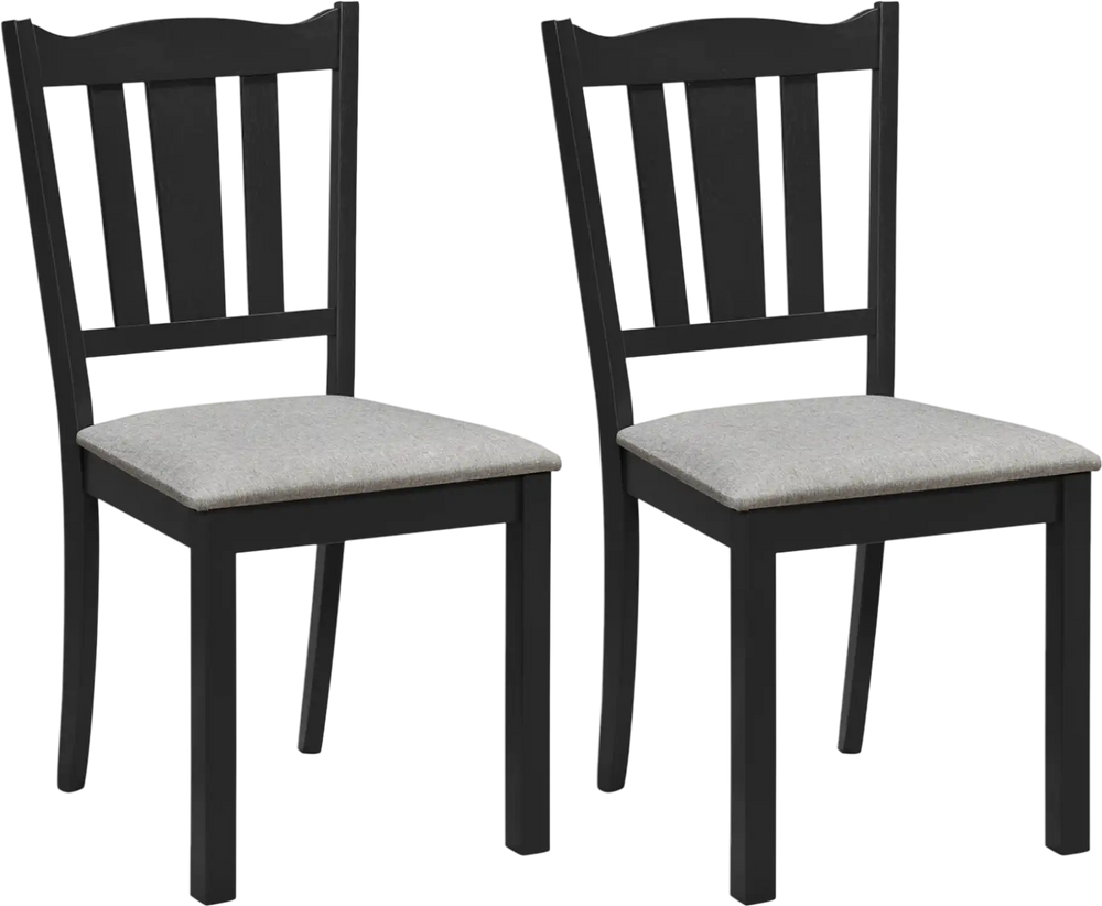 Set of 2 black wooden dining chairs with soft-padded cushions and ergonomic hollow backs for comfortable seating.