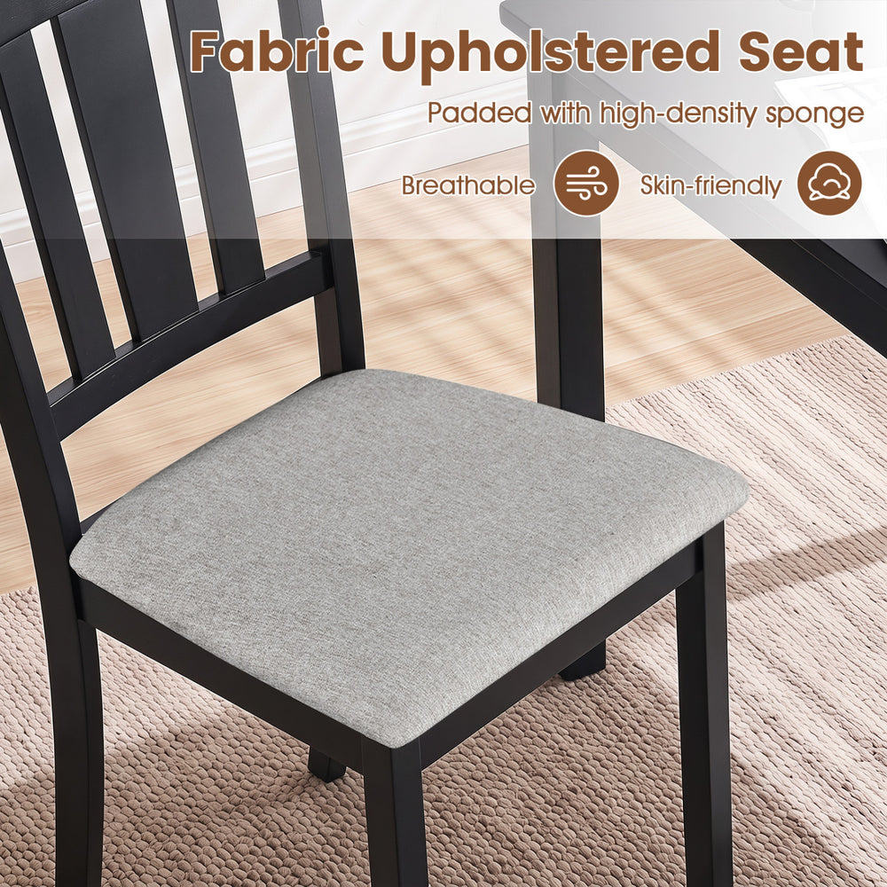 Wooden dining chair with a soft-padded, breathable fabric seat and ergonomic hollow back for comfortable seating.