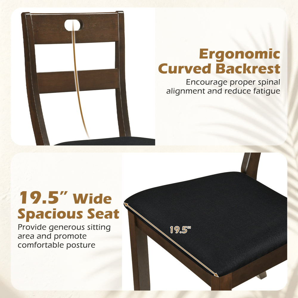 Ergonomic curved backrest and 19.5" wide seat of the walnut dining chair set ensure comfort and proper posture.