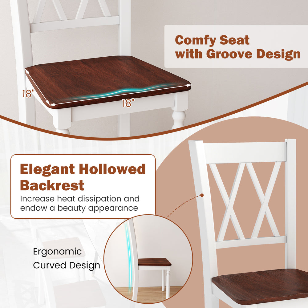 Wooden farmhouse kitchen chair with rubber wood seat, ergonomic curved backrest, and elegant design for home decor.
