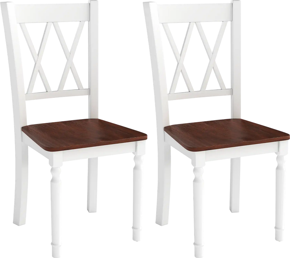 Set of 2 farmhouse kitchen chairs with rubber wood seats, featuring a white frame and cross backrest for elegant decor.