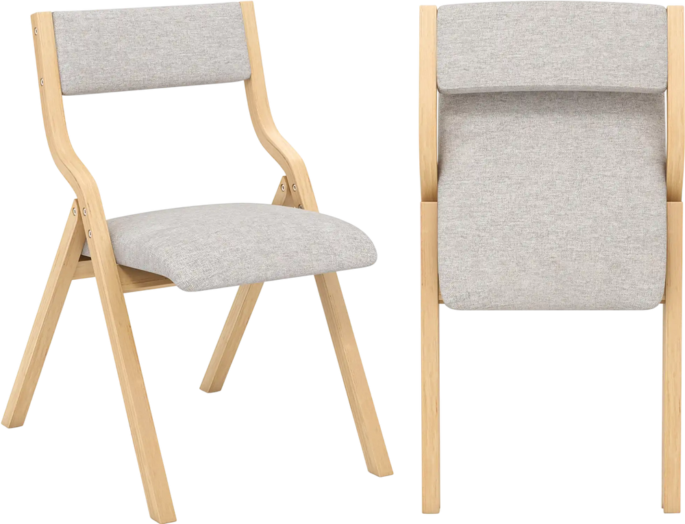 Wooden folding dining chair with linen fabric padded seat and backrest, showcasing a natural finish for versatile use.