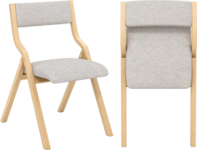 Costway Set of 2 Wooden Folding Dining Chairs Linen Fabric Padded Seat Backrest 53981642 New