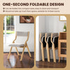 Wooden folding dining chair with linen fabric padded seat, compact design for easy storage in limited spaces.
