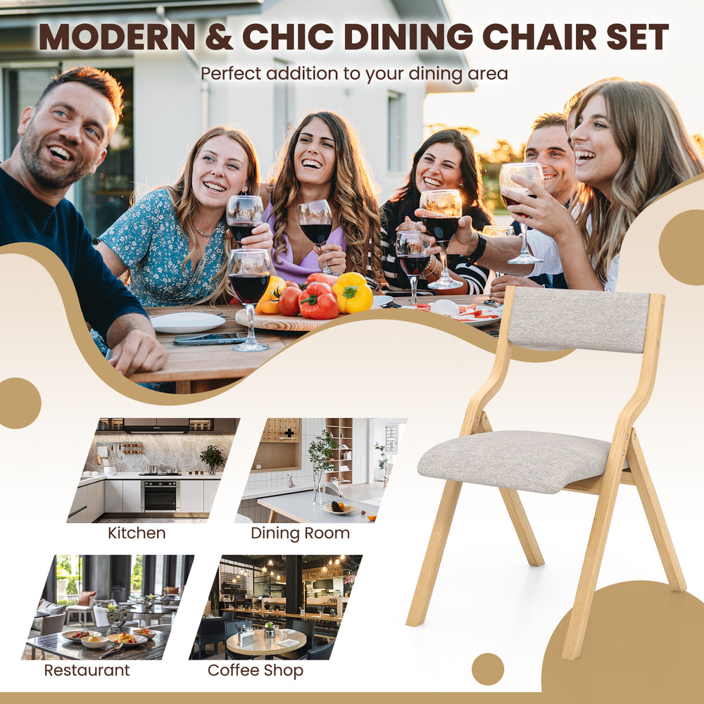 Wooden folding dining chair with padded linen seat, perfect for compact spaces in kitchens or cafes.