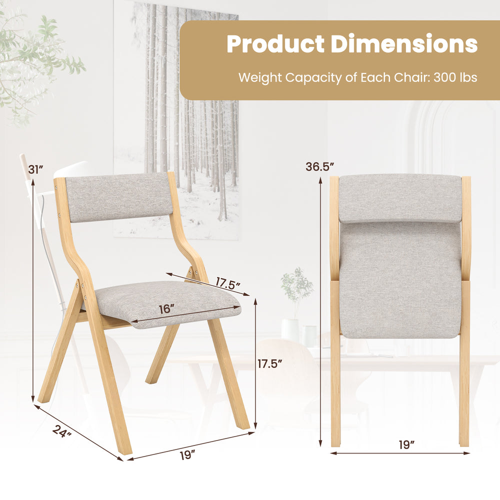 Wooden folding dining chair set with linen fabric padded seat, showcasing dimensions and weight capacity for compact.