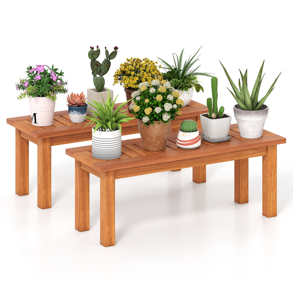 Set of 2 Wooden Plant Stand Outdoor Indoor Solid Wood Flower Pot Holder Display Shelf-S - Gallery View 1 of 10