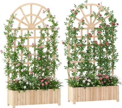 Costway Set of 2 Wooden Raised Garden Bed Planter Box w/ Trellis Privacy Screen 71