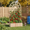 Wooden raised garden bed with trellis, featuring vibrant tomatoes and a stylish rounded roof for outdoor planting.
