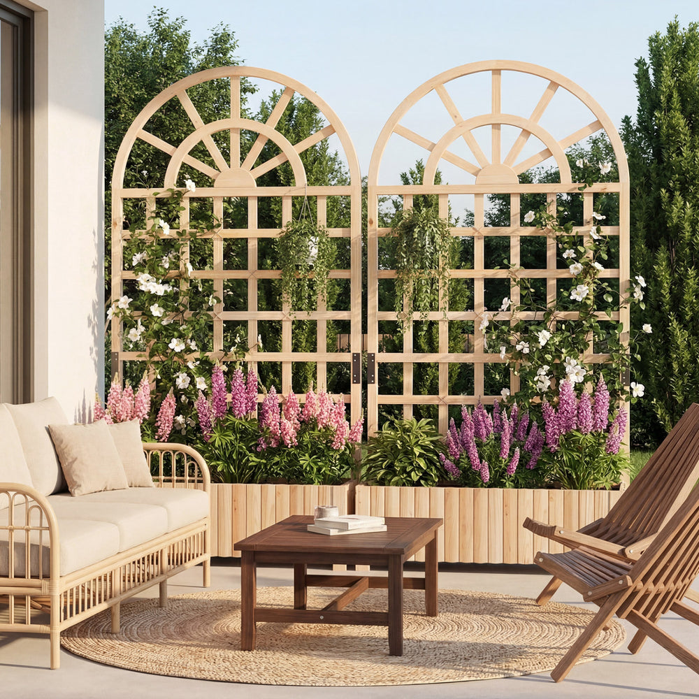 Wooden raised garden bed with trellis, 71" outdoor planter box for climbing plants, featuring a stylish rounded roof.