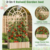 Wooden raised garden bed with trellis, featuring a spacious planter box for climbing plants and a stylish rounded roof.