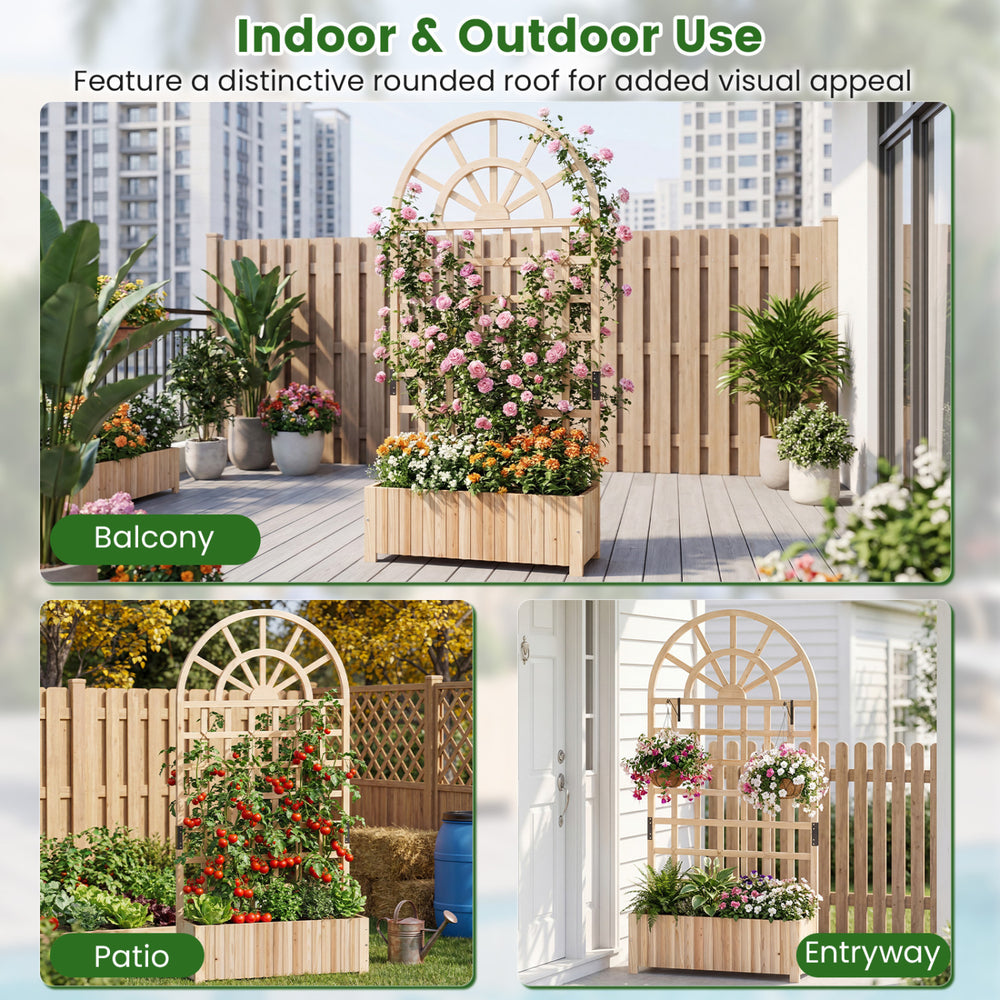 Wooden raised garden bed with trellis, 71" tall, features a rounded roof for stylish outdoor planter use.