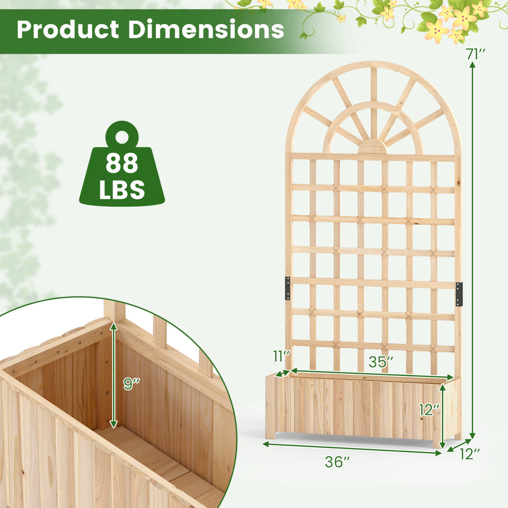 Wooden raised garden bed with trellis, 71" tall, made of solid fir wood for outdoor use, ideal for climbing plants.