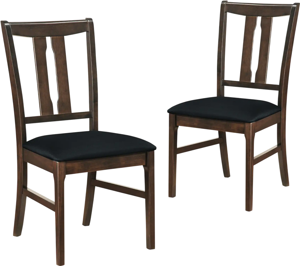 Set of 2 wooden dining chairs with high curved back, walnut finish, and plush black upholstered seats for comfort.