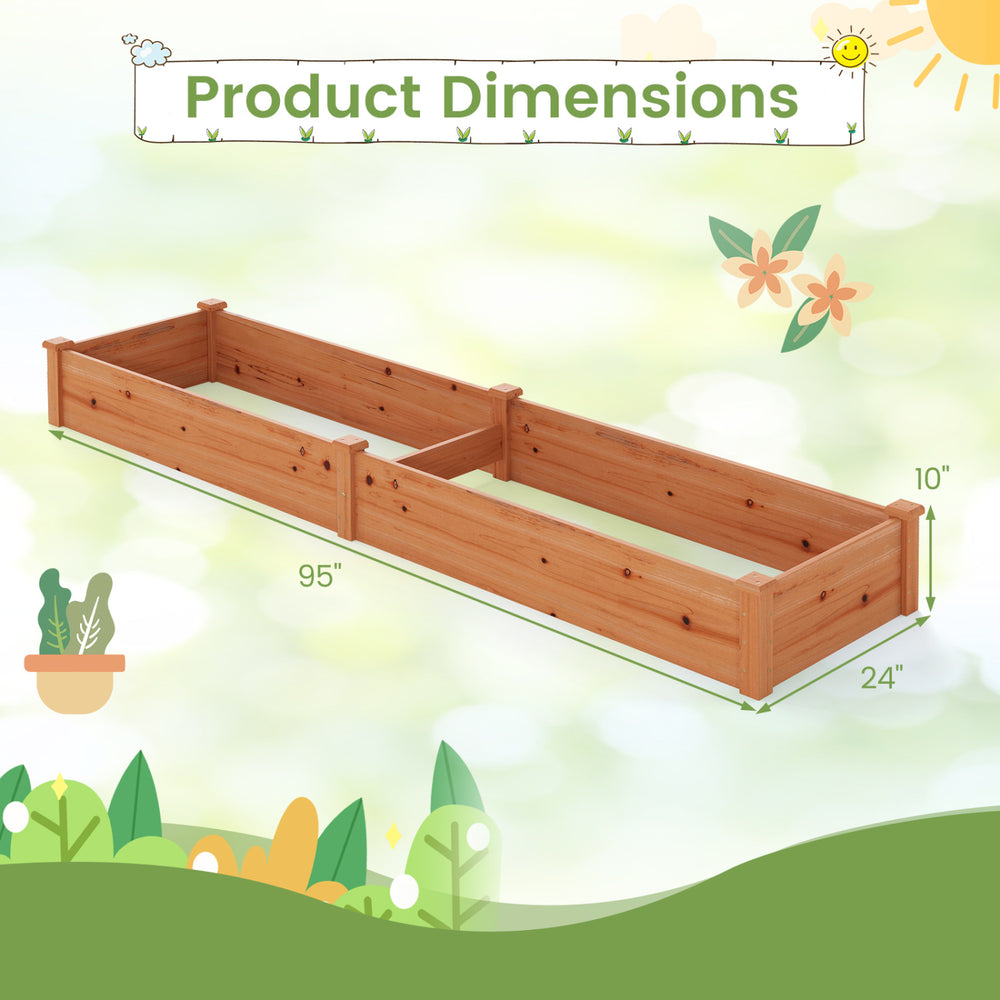 Dimensions of the set of 2 wooden vegetable raised garden beds, measuring 95" x 24" x 10", ideal for outdoor planting.
