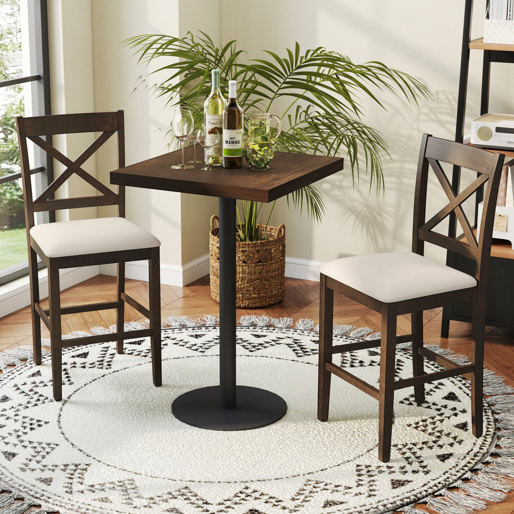 Set of 2 brown X-back bar stools with upholstered cushioned seats, ideal for kitchen islands and home bars.