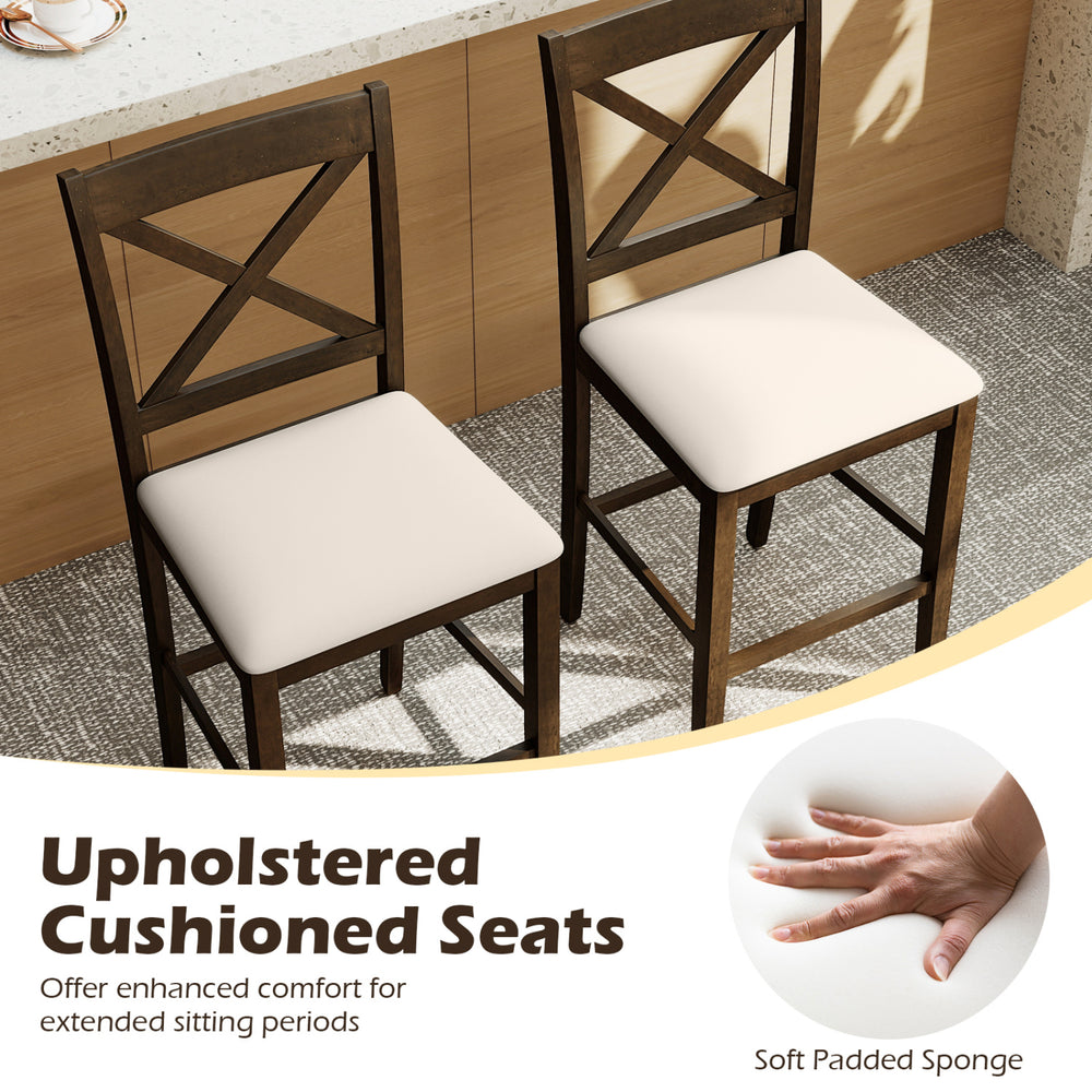 Set of 2 X-Back bar stools with upholstered cushioned seats, featuring solid rubber wood and ergonomic support for.