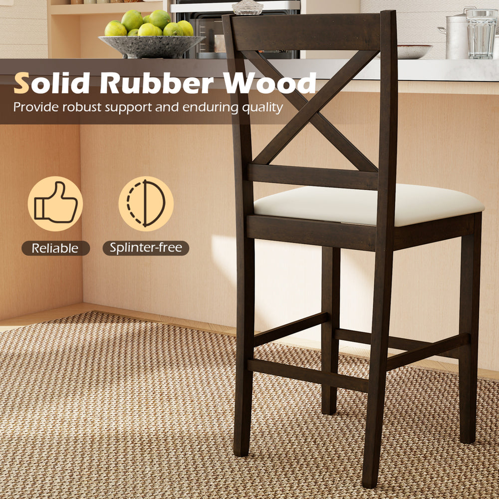X-back bar stool in brown with upholstered seat, made of solid rubber wood, ideal for kitchen islands and home bars.