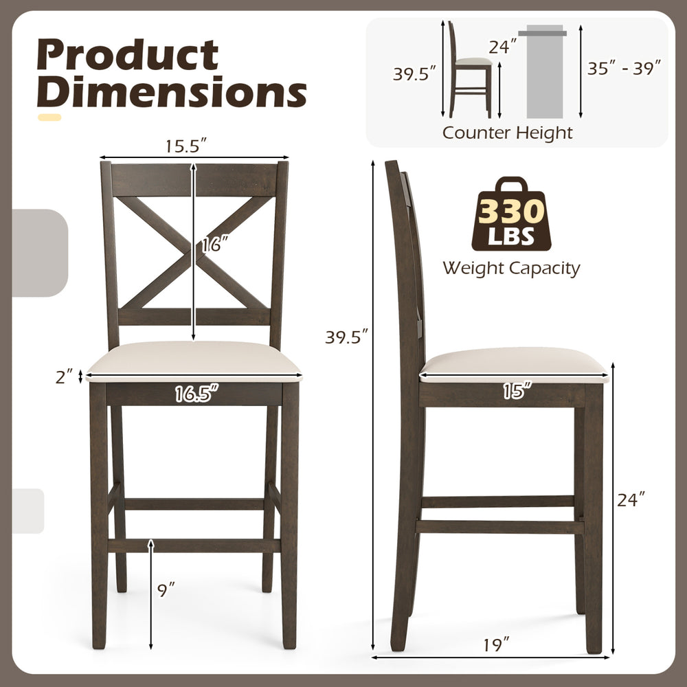 X-back bar stool set with upholstered seats, solid rubber wood, 330 lbs capacity, ideal for kitchen islands or home.