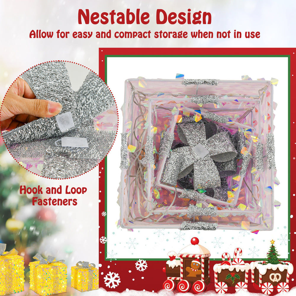 Set of 3 Christmas lighted gift boxes with pre-lit 90 LED lights, featuring a nestable design for easy storage.
